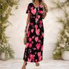 Women Plus Size V Neck Short Sleeve Printed Navy Blue Straight Long Maxi Dress