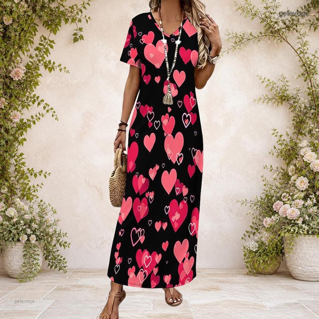 Women Plus Size V Neck Short Sleeve Printed Navy Blue Straight Long Maxi Dress