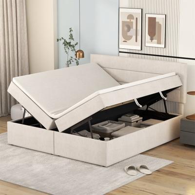 Double Bed Upholstered Bed 200x140cm Bed with Slatted Metal Frame Large Youth Storage Space Can Be Opened On Both Sides Beige Flat