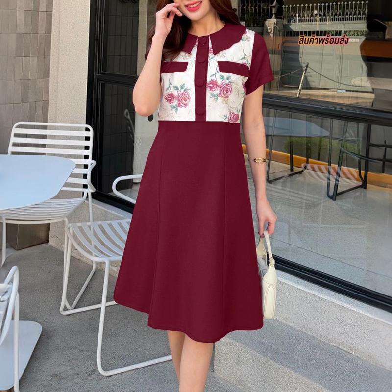 ZANZEA Women Casual Doll Collar Summer Short Sleeve Splice Print Dress M вино красного