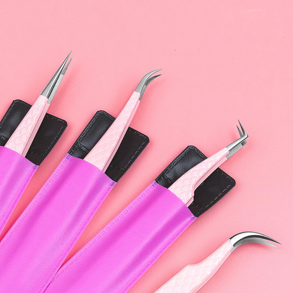 Custom Logo Pink Fiber Tip Lash Tweezers Volume Lash Tweezers Lash Tech 90 Degree Tweezers for Eyelash Extension(NO BOX)