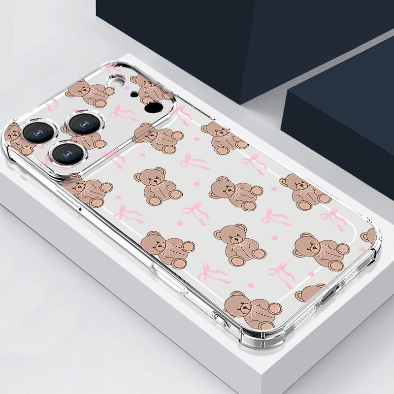Cartoon Bear Pattern Phone Case For iPhone 17e 17 16 15 Pro Max 14 13 Pro 16 Shockproof Clear Soft Card Slot Pocket Back Cover