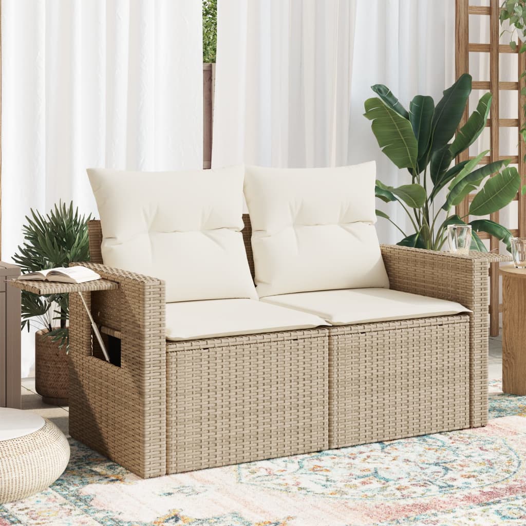 Vidaxl Garden Sofa With Cushions, 2-Seater, Beige, Poly Rattan