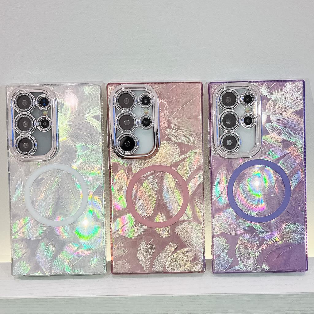 Feather Pattern Samsung S25ultra Suitable for S24plus Magnetic Phone Case A56 Electroplated Flash Powder Lens Film