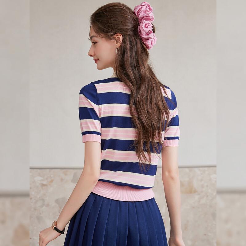 Bailuyu Retro Striped Embroidered Short Sleeve Lapel Knit Top