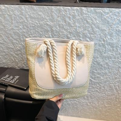 Straw Large Capacity Fashion Splicing Tote Bag Summer Commuter Shoulder Underarm Bag Tote Bag