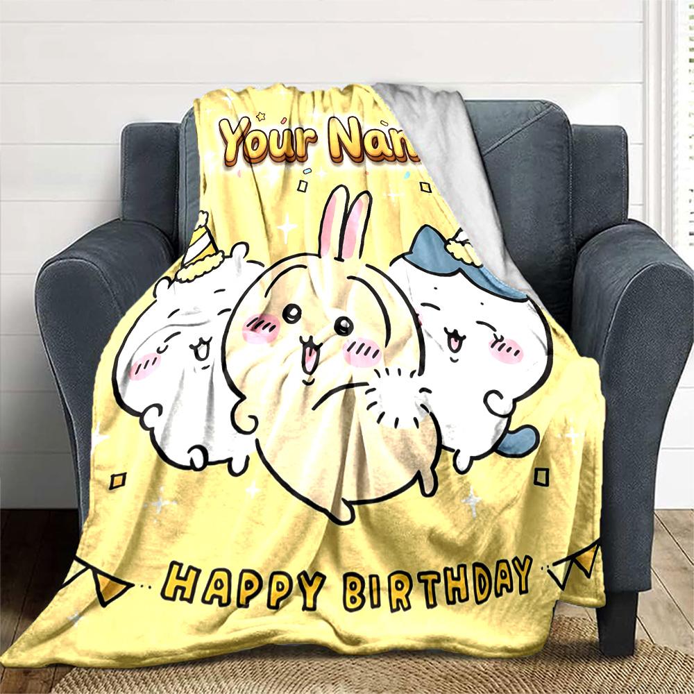 1pc Chiikawa Blanket with Custom Name, Gift, for Men and Women, Soft Blanket, Good for Sofa Bed Couch Travel, Lightweight Flannel Blanket