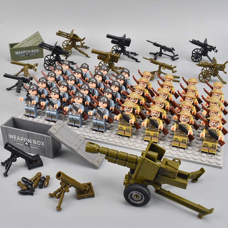 40pcs WW2 Military Figures Building Blocks Army Soldier Battlefield Machine Gun Weapons Bricks Kids Toy