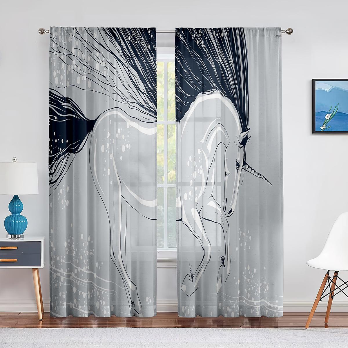 

Прозрачная вуаль с белым единорогом, красочные радужные оконные тюлевые шторы для гостиной, спальни, кухни, декор, шторы 1 PCS W200XH250cm&Grommet Top