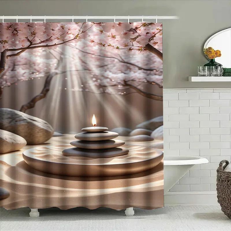Zen Garden Cherry Blossom Waterproof Shower Curtain Heat Resistant Machine Washable Non-Transparent 180X180Cm W60H190(CM)-1 Pcs