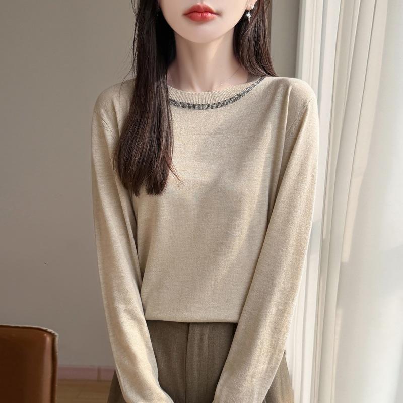 Loose Large-sized Sweater for Ladies, Women's Round-neck Long-sleeved Top, Heavy-stitched with Glittering Diamonds, Knitted Sweater