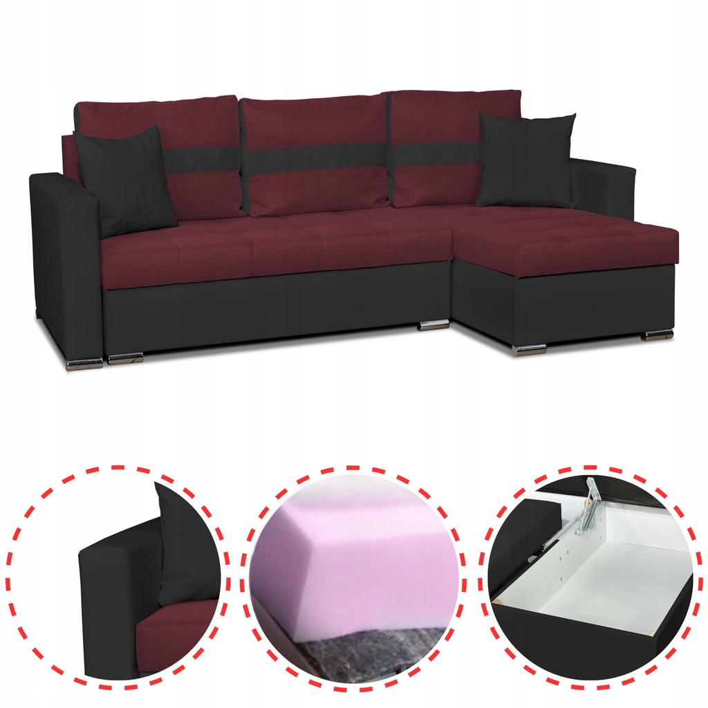 Narożnik Figo rozkładany z funkcją spania rogówka Family Meble czarny bordo