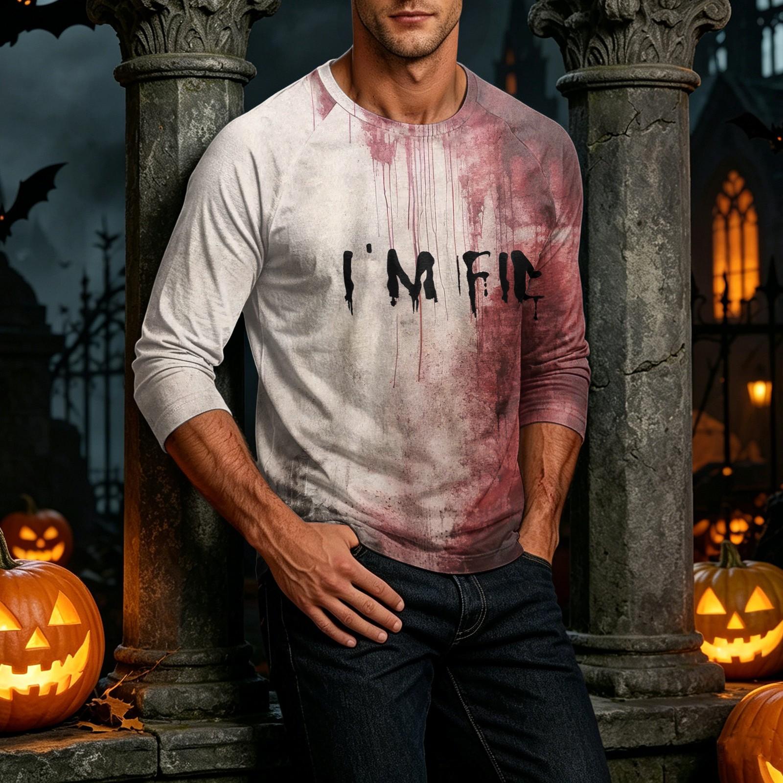 Men s Neck Halloween Print Raglan Sleeve Three-Quarter Length T-Shirt for Casual Wear M