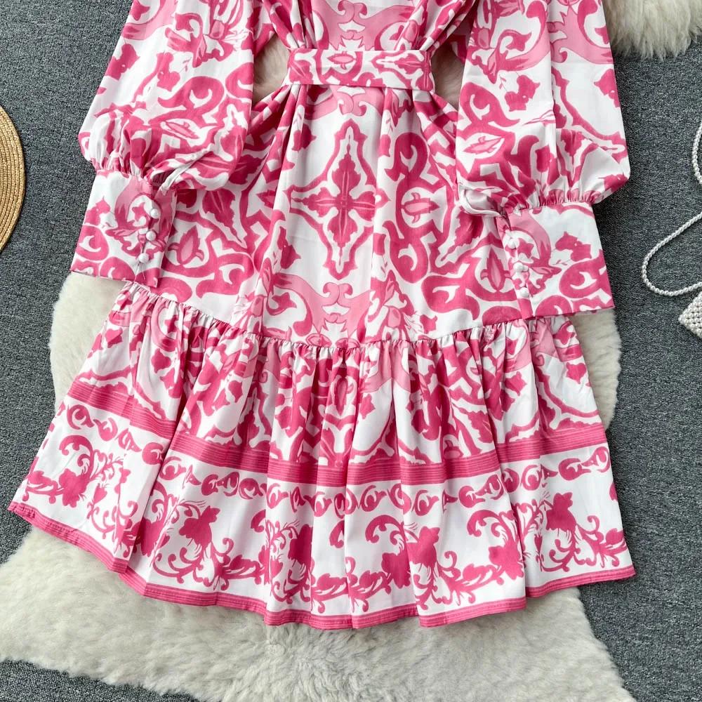 Vintage Summer Floral Print Ruffles Single Breasted Long Sleeve High Waist Vocation Beach Long Women Dress