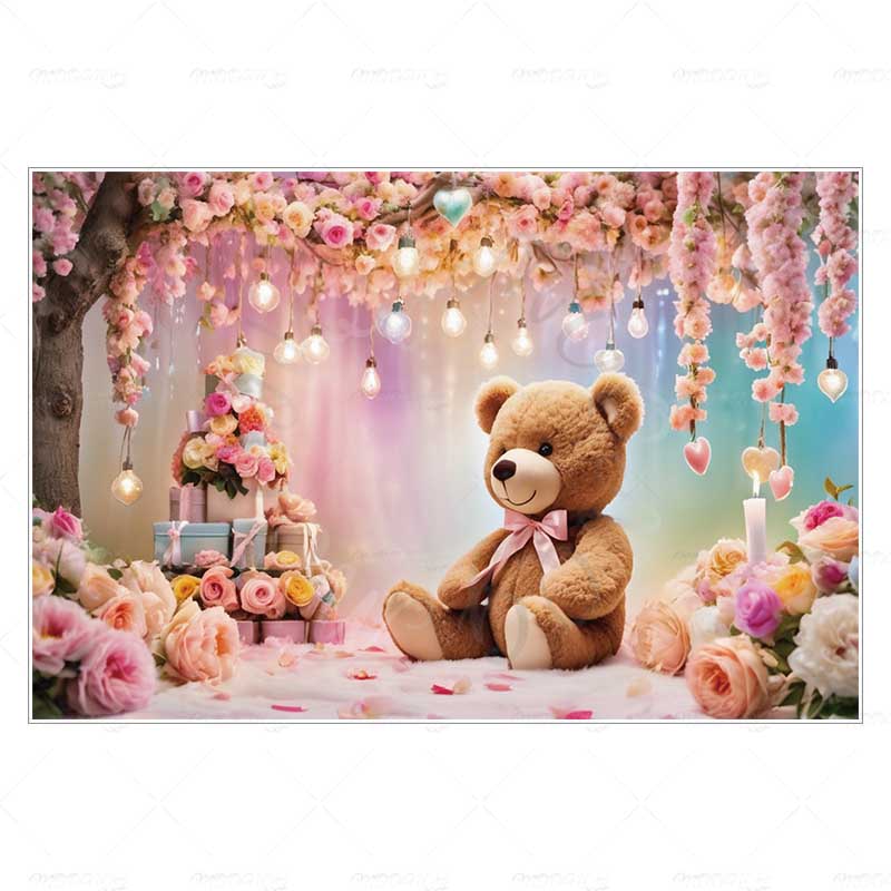 MOON.QG Valentine's Day Decoration Photo Background Candy Shop Teddy Bear Rose Soad Backdrops For Photography Studio Photozone