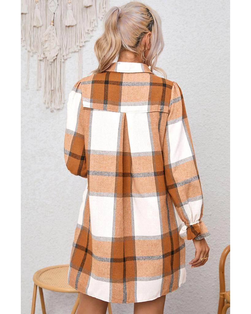 Azura Exchange Khaki Plaid Ruffled Sleeve Shirt Dress