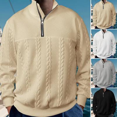 Men Spring Winter Sweater Solid Color Long Sleeves Knitted Thick Elastic Slim Fit Stand-Up Collar Zipper Pullover Sweatshirt for Daily Wear