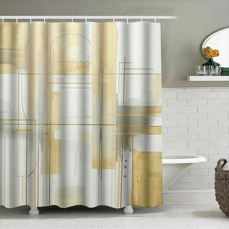Luxury Bath Shower Curtain with Artistic Design White and Beige Abstract Watercolor Pattern