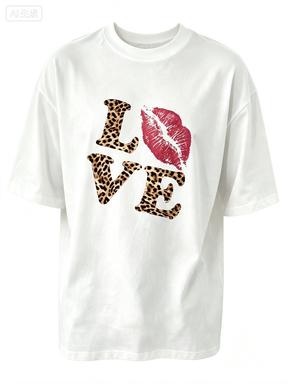 Unisex Pink Off Shoulder T Shirt Leopard Love Lips Print Casual Loose Short Sleeve Tops