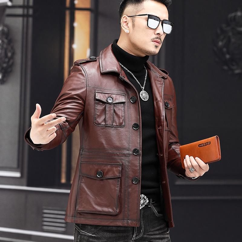 Autumn and Winter New Hunting Suit Genuine Leather Jacket for Men, First-layer Cowhide, Middle-aged Dad's Lapel Jacket