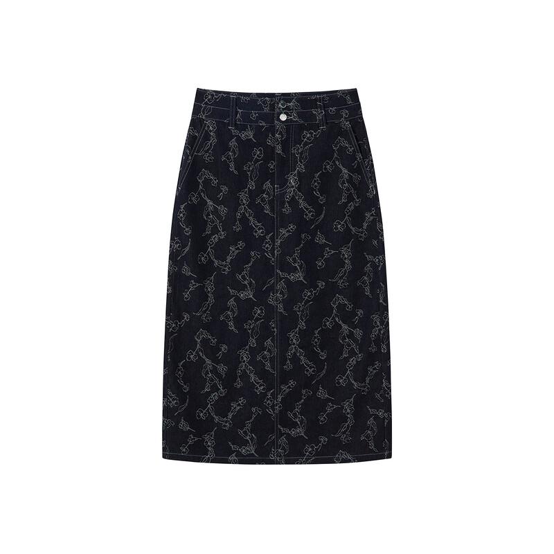 JUZUI Vintage Floral Jacquard Denim Midi Skirt