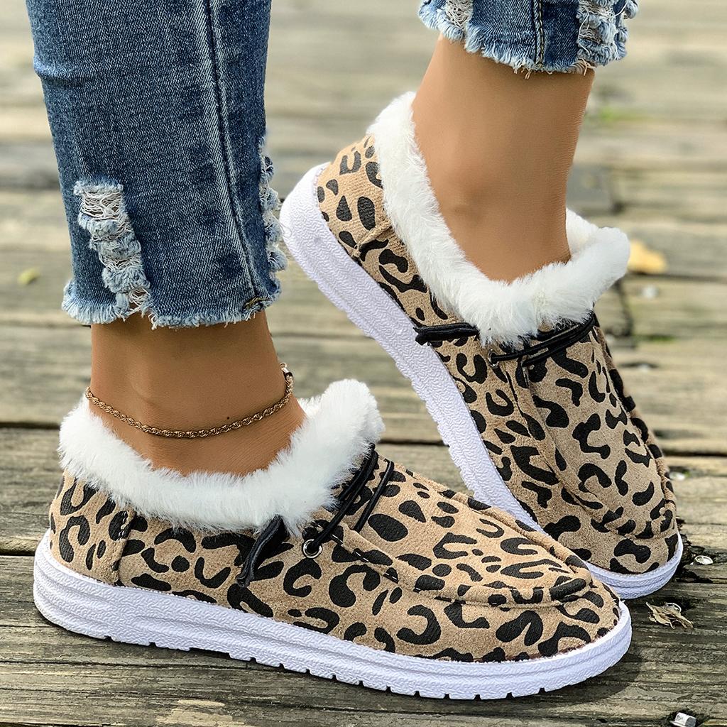 New cotton shoes snow boots autumn and winter leopard print flat bottom foot fluff daily large size