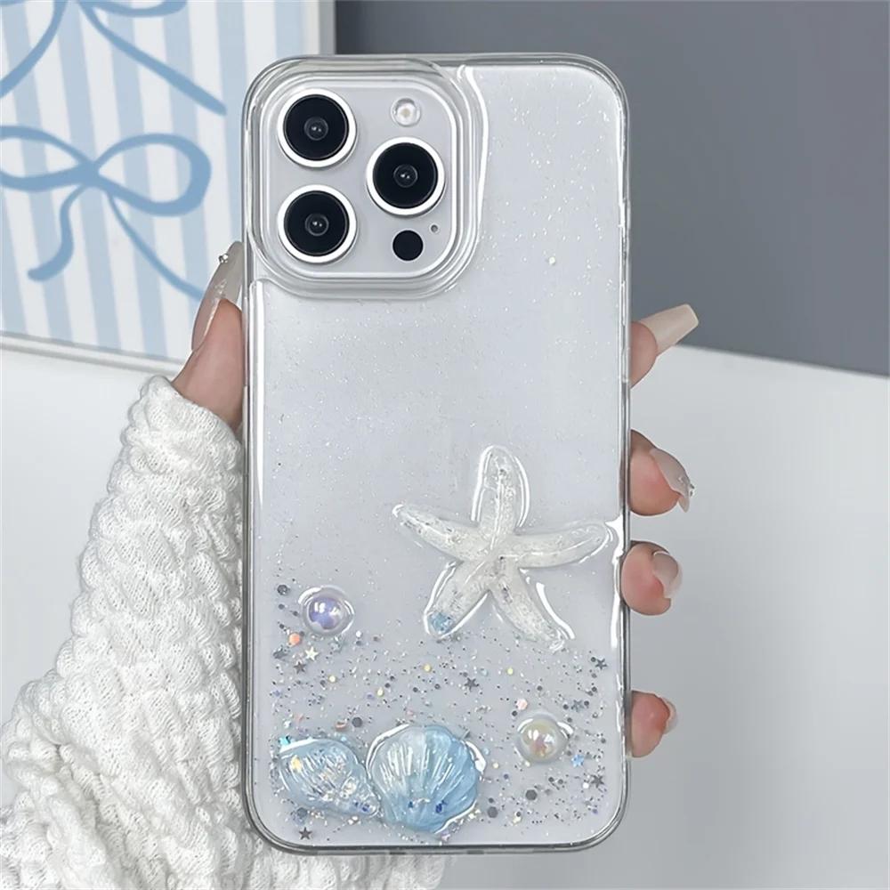 Clear Handmade Glitter Bling Shell Starfish Sequin Phone Case For iPhone 17 Air 16 15 13 12 11 Pro Max 14 Plus XR XS Soft Cover