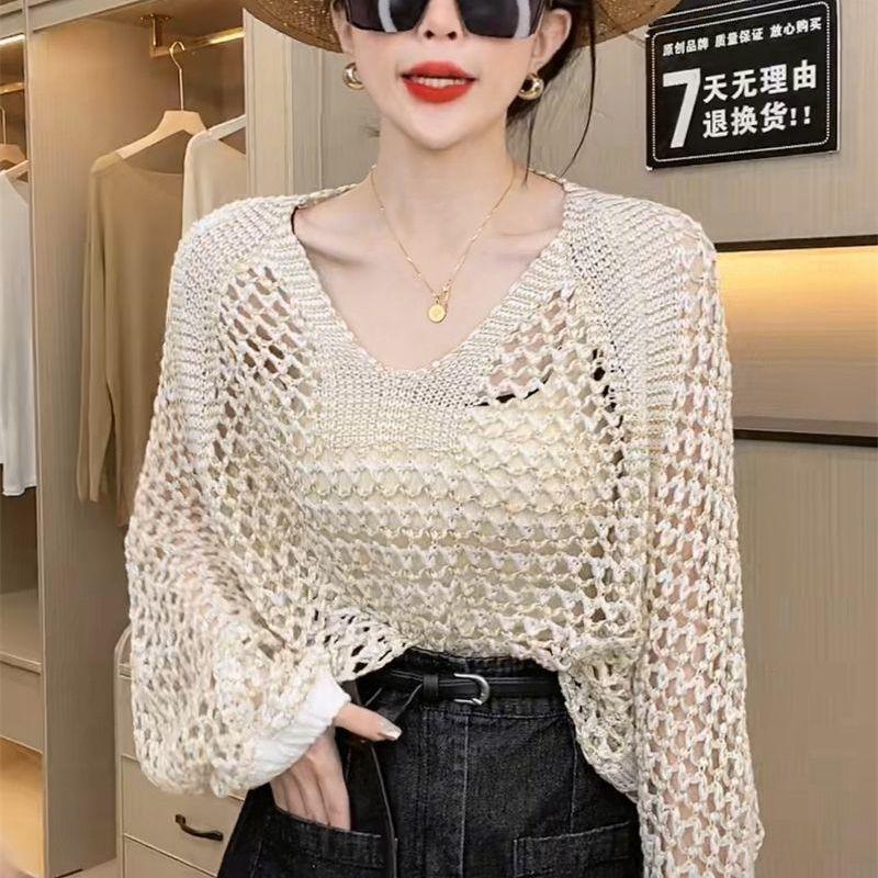 

Большой рукав «летучая мышь» блестящий шелковый ажурный трикотажный свитер тонкий женский солнцезащитный свитер свободный однотонный свитер с V-образным вырезом рубашка с кондиционером L