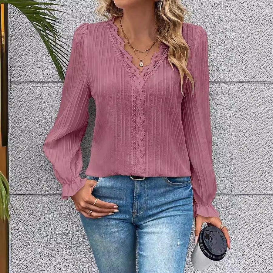 Trendy Fall Long Sleeve V-Neck Lace Trim Patchwork Hollow-Out Women's Blouse
