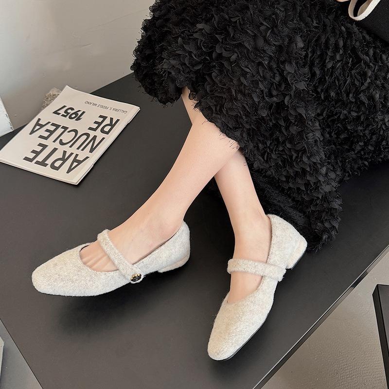 Autumn Woolen Fur Women Cotton Flats Shoes Concise Outdoor Soft Sole Shoes Ladies Comfort Square Toe Warm Mary Jane Shoes