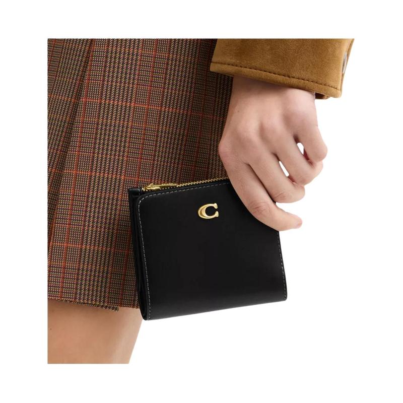 COACH Solid color multi-card slot folding zipper calfskin wallet regular women's black black