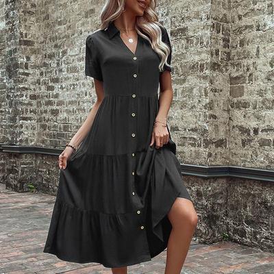 Summer Women Medium Length Hepburn Style French Long Dress Single Breasted Solid Color V Neck