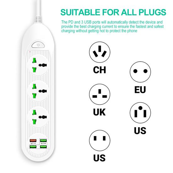 Power Strip 3000W 3 Widely Spaced Outlets 4 USB Charging Ports