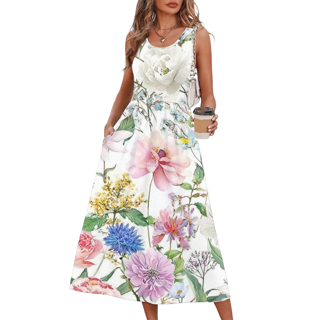 Sleeveless Maxi Dress with Scoop Neck and Floral Print Loose Fit Casual Long Dress for Women Summer Beachwear