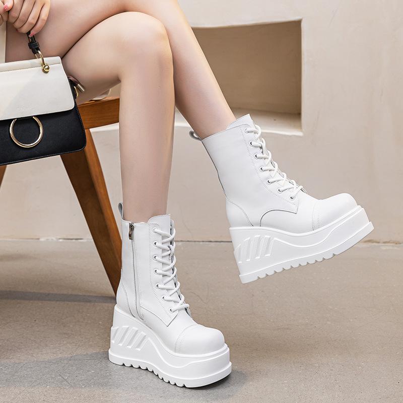 Martin boots women's platform mid-tube short boots 2025 autumn and winter new leather boots solid color simple side zipper fashion shoes