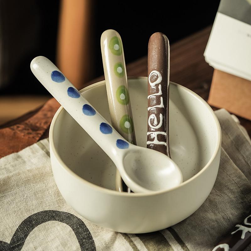 Retro Japanese Home Kitchen Soup Handmade Ceramic Spoon Small High Value Spoon Coarse Pottery Spoon
