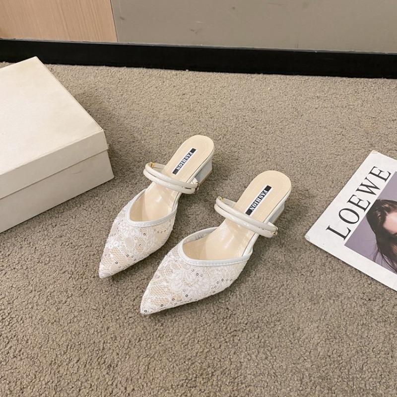 

Модные женские летние уличные сандалии большого размера с острым носком, сетчатым верхом, толстым каблуком, слипоны, в корейском стиле, на плоской резиновой подошве 43 белый