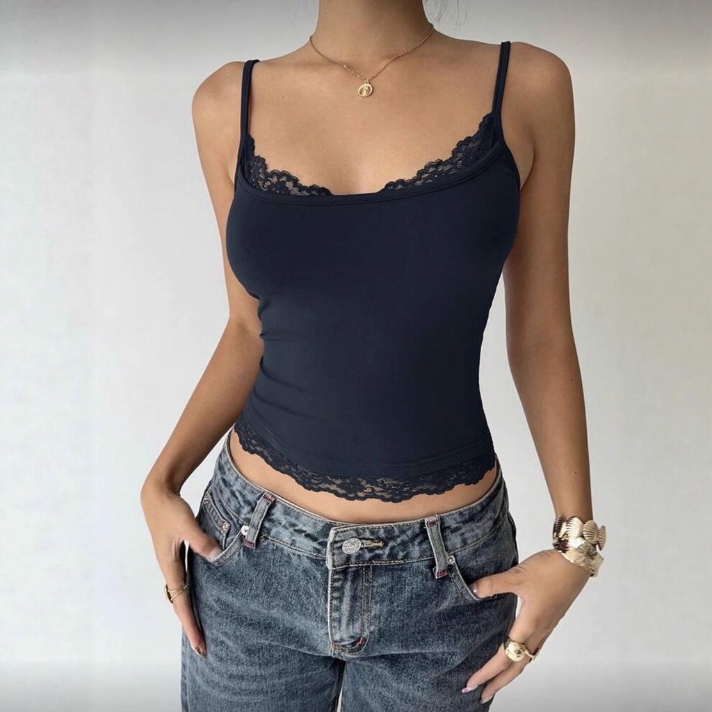 Women Slim Fit Cami Top Lace Trim Solid Color Spaghetti Strap Cropped Camisole Sexy Y2K Tank Top ZY‑9915