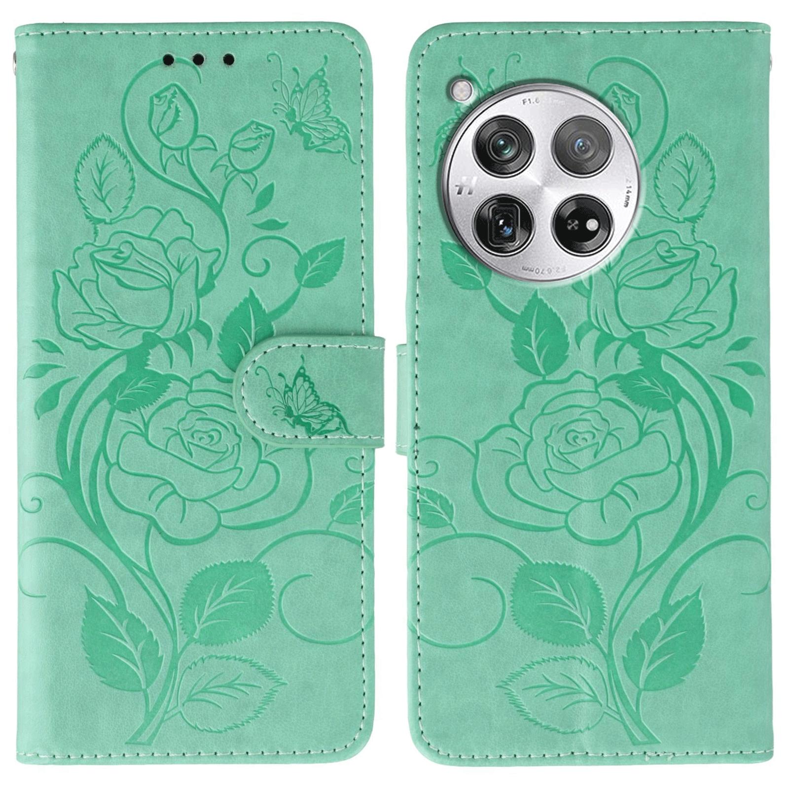 

For OnePlus 12 5G Case Wallet Stand Imprinted Rose Butterfly PU Leather Phone Cover Green
