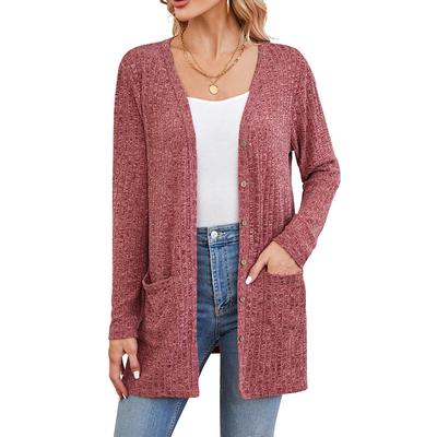 Cardigã feminino outono e inverno com botões, cor sólida, confortável, casual, solto, manga comprida, bolso, jaqueta