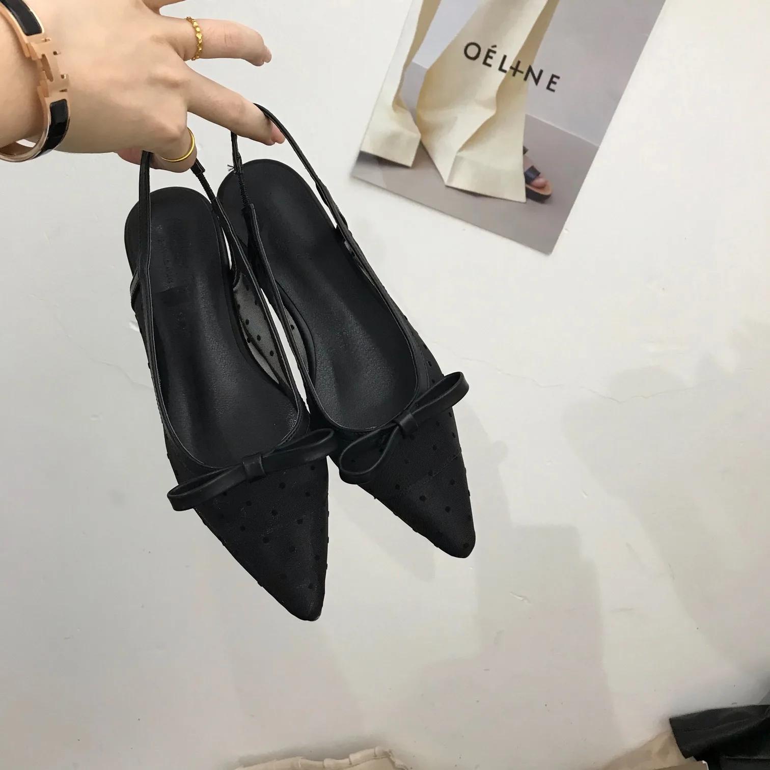 

Fashion Sandals Women Flat Baotou 2025 Mesh Breathable Bow-knot Sandalias Fashion Summer Low Heels Pointed Shoes Female Chaussure Femme 35 чёрный