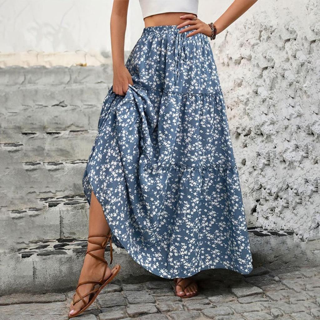 Women's Small Floral Belt Three-layer Splicing Long Half-body Skirt, Spring and Summer Senior Sense of Women's Dress A-line Skirt