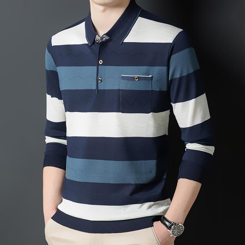 Męska koszulka z długim rękawem, dzianina, swobodny wzór w paski, swetry