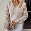 Women V-neck Sleeve Cut-out Long-sleeved Sweater Loose Knit Top