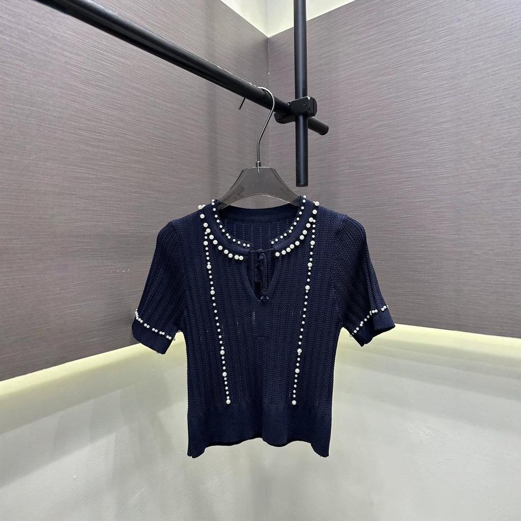 2026 Summer Strappy Knit Short Sleeve Beaded Slimming Top