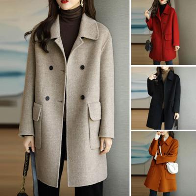 Women Autumn Winter Solid Color Woolen Coat Lapel Double Breasted Flap Pockets Mid-length Loose Fit Thickened Warm Overcoat Streetwear