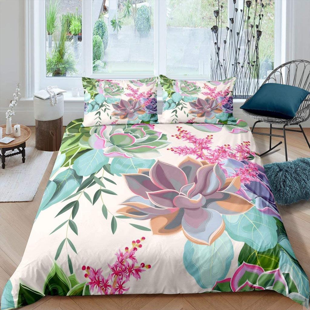 Succulents Bedding Set, Exotic Flower Duvet Cover Twin Size For Kids Boys Girls, Branches Leaf Floral Polyester Comforter Cover