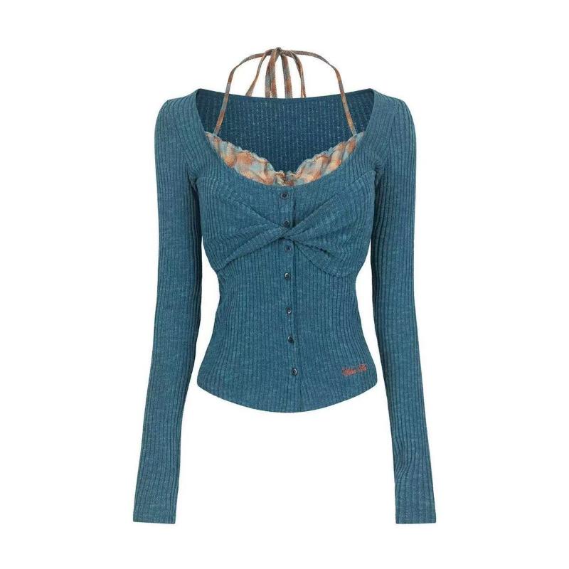 

Women s Teal Ribbed Knit Halter Neck Long-Sleeve Blouse Twist Front Button Decor Top S синій