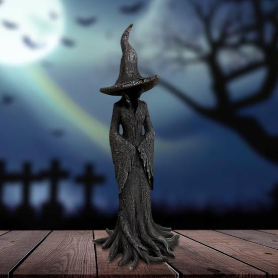 Halloween Tree Root Witch Statue Spooky Black Witch Figurine Resin Sculpture Home Office Holiday Party Decoration Ornament