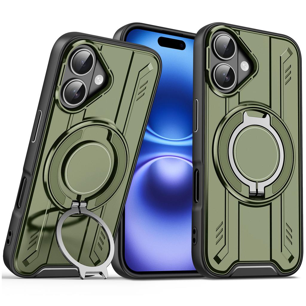 For iPhone 16 Plus Case Compatible with MagSafe Rotating Ring Kickstand PC + TPU Shockproof Phone Cover